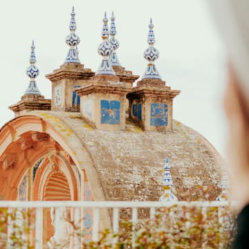 a building with blue and white decorations