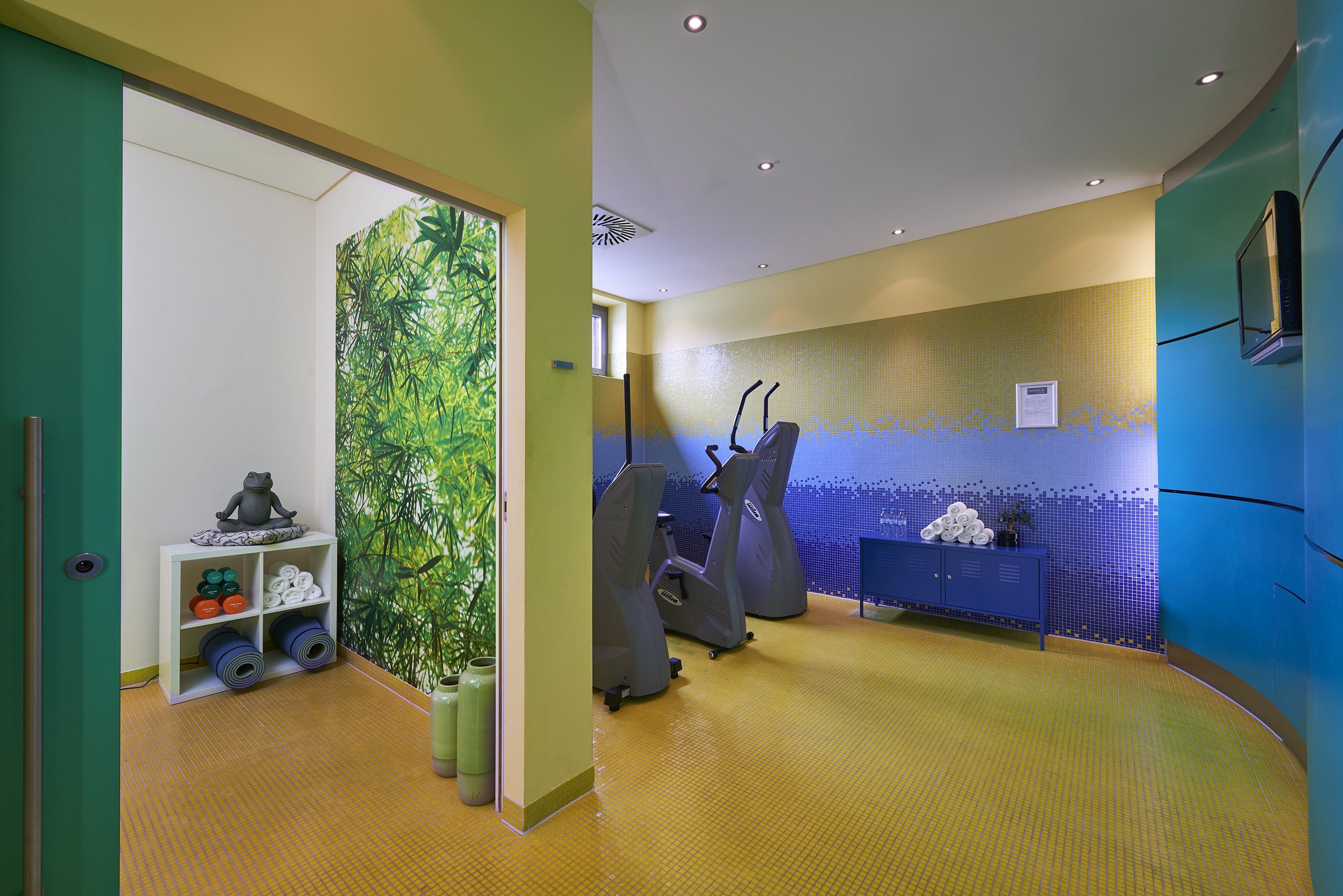 Colorful fitness room with exercise equipment, yoga mats, and bamboo accent wall.