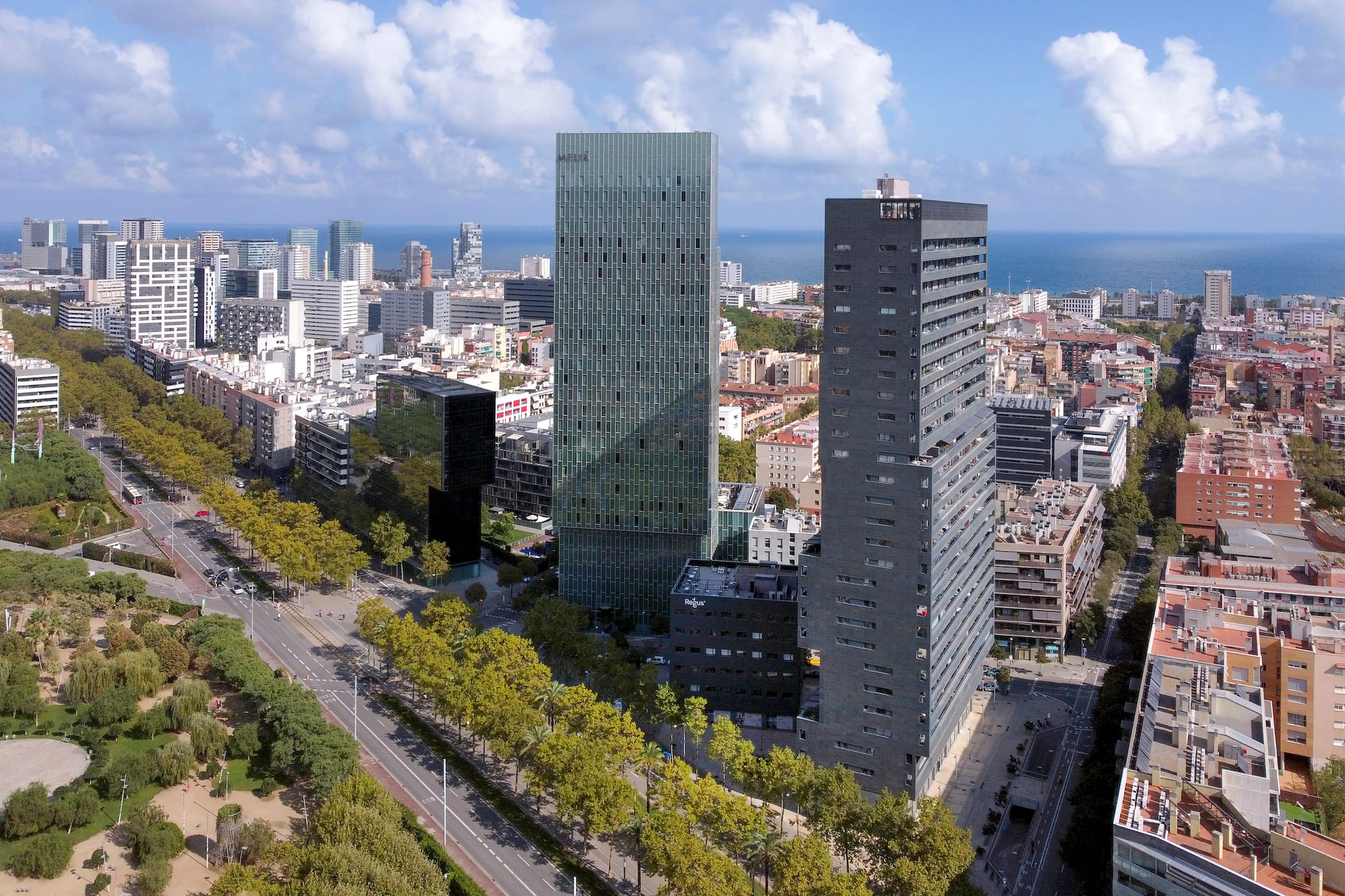 a city with trees and buildings