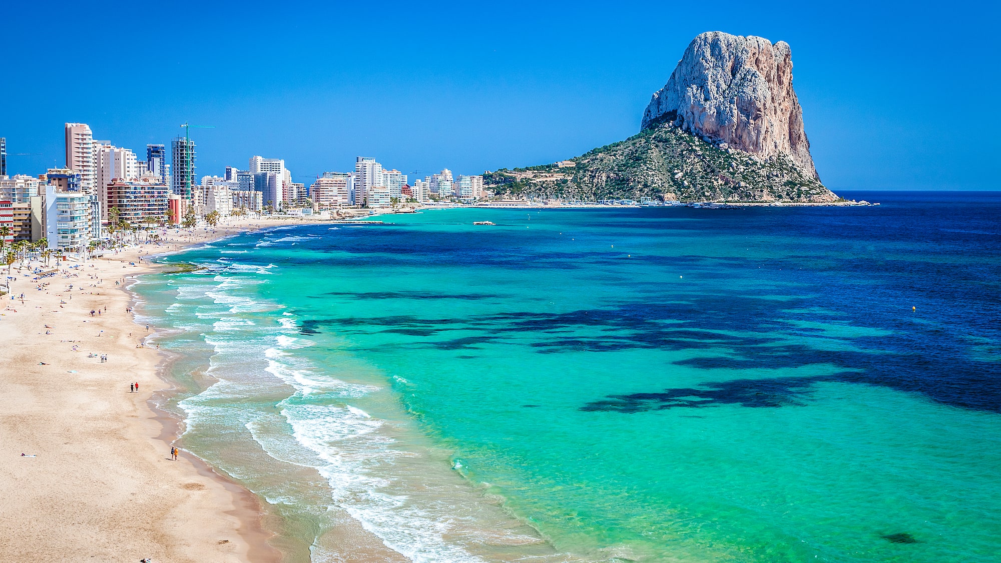 a beach with a large rock in the background