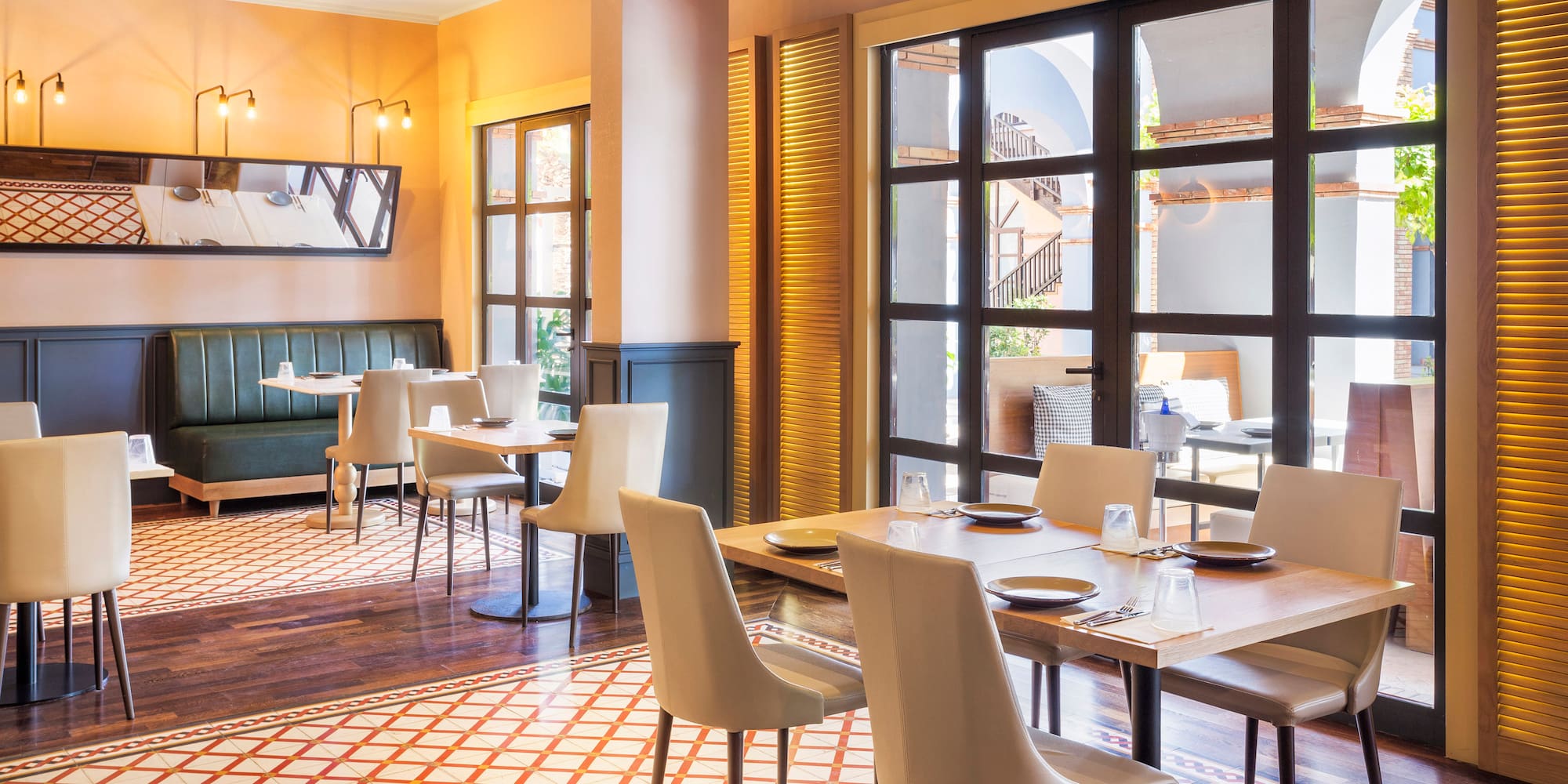 a room with tables and chairs