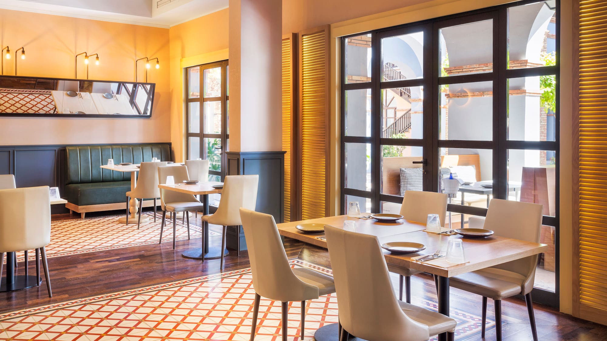 a room with tables and chairs