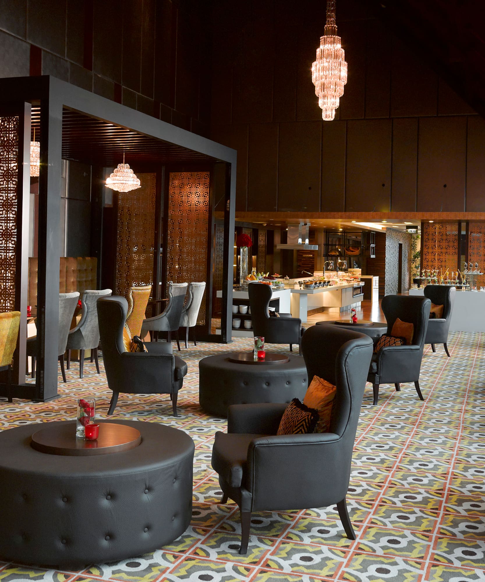 a room with chairs and tables