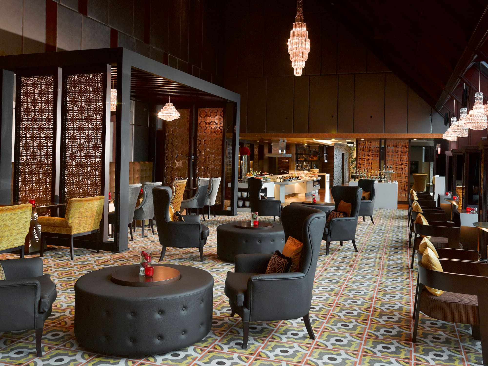 a room with chairs and tables