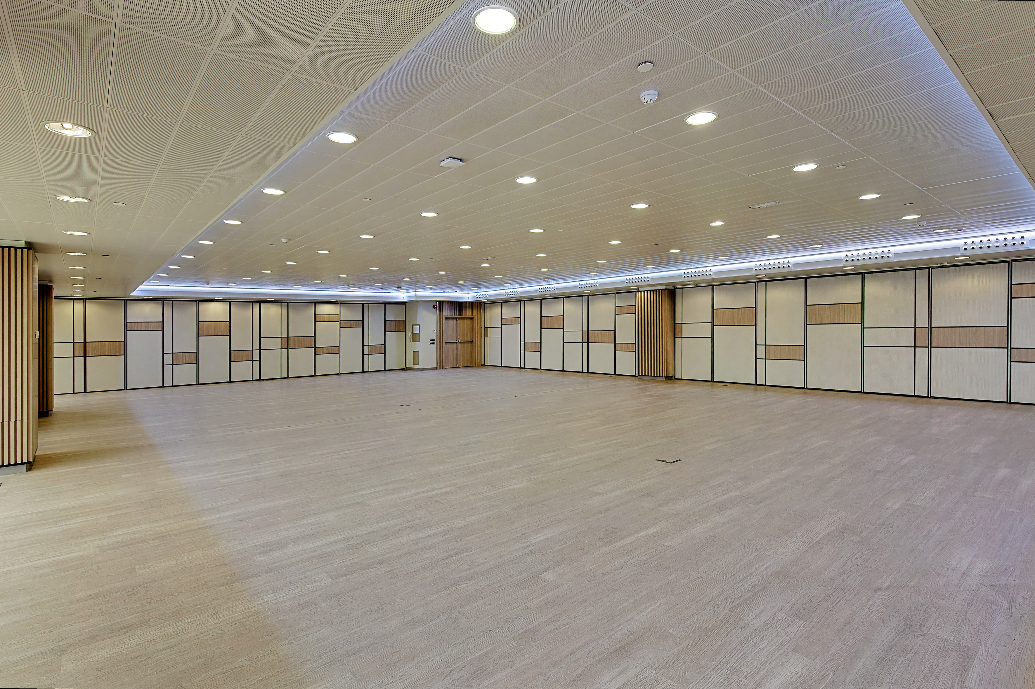 Modern empty conference hall with wood floor, acoustic ceiling, and panel walls.