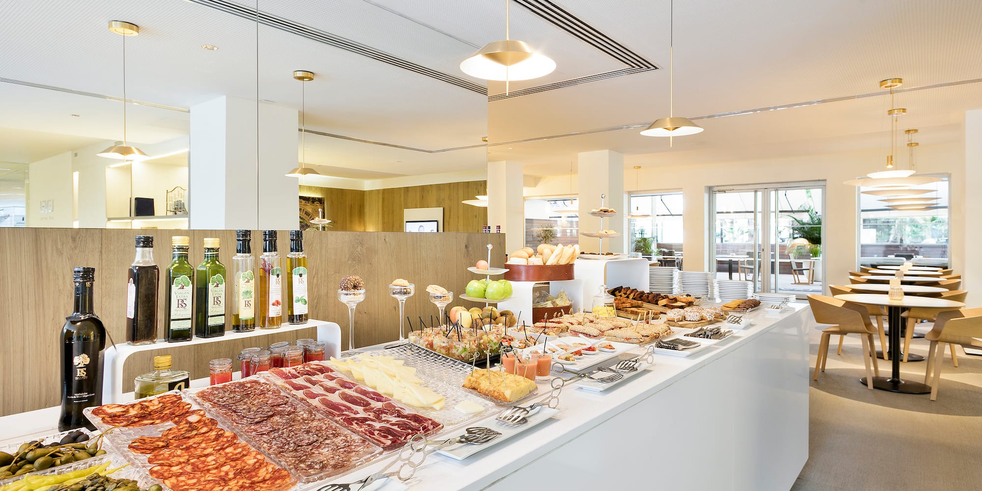 a buffet table with food on it