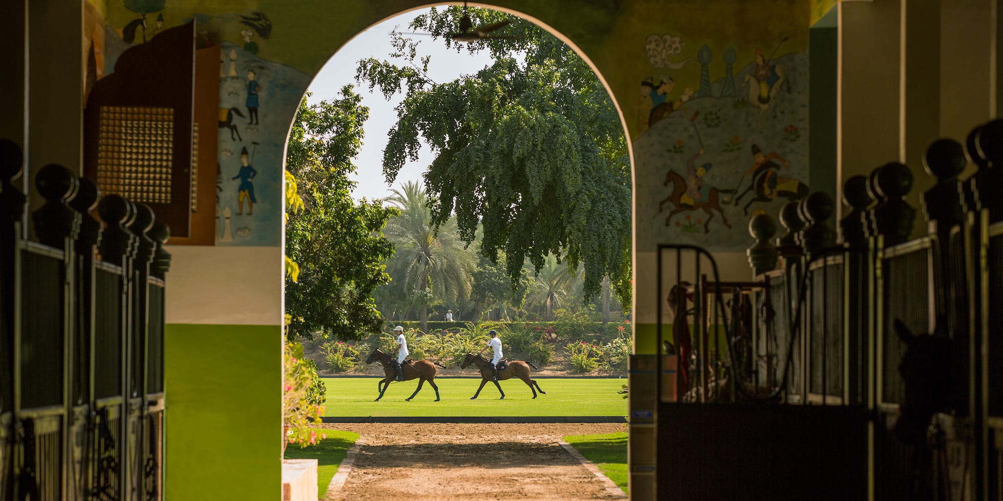 people riding horses in a grassy area