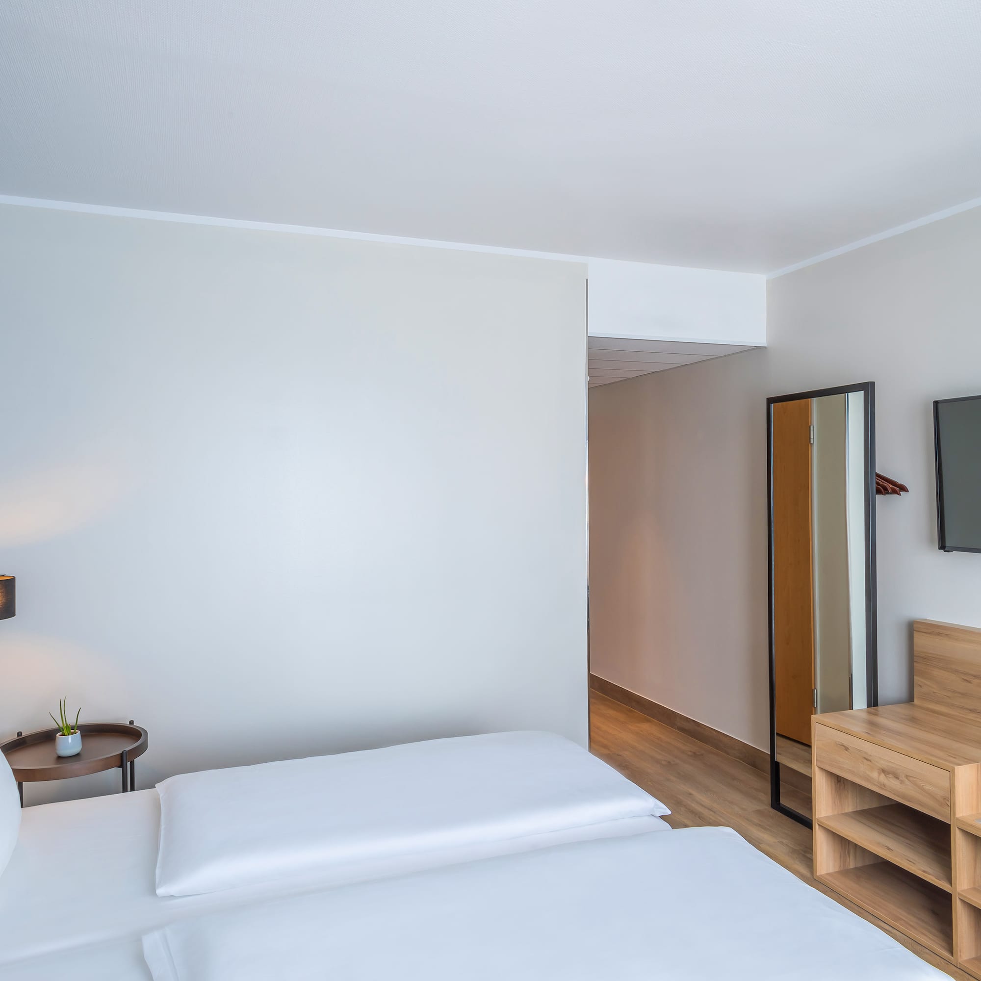 a room with a bed and a mirror