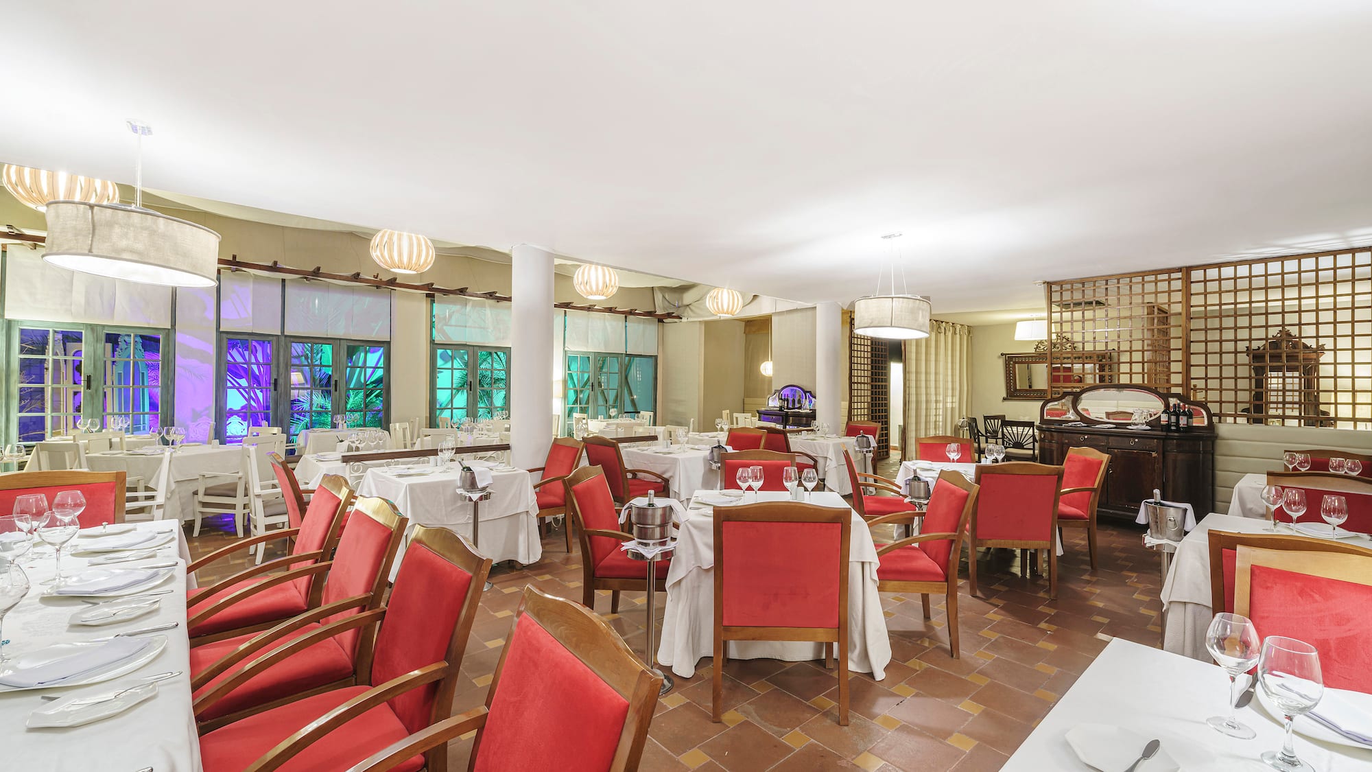 a room with tables and chairs