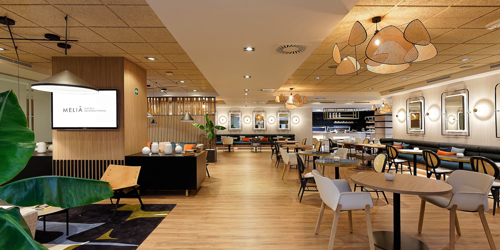 a room with tables and chairs