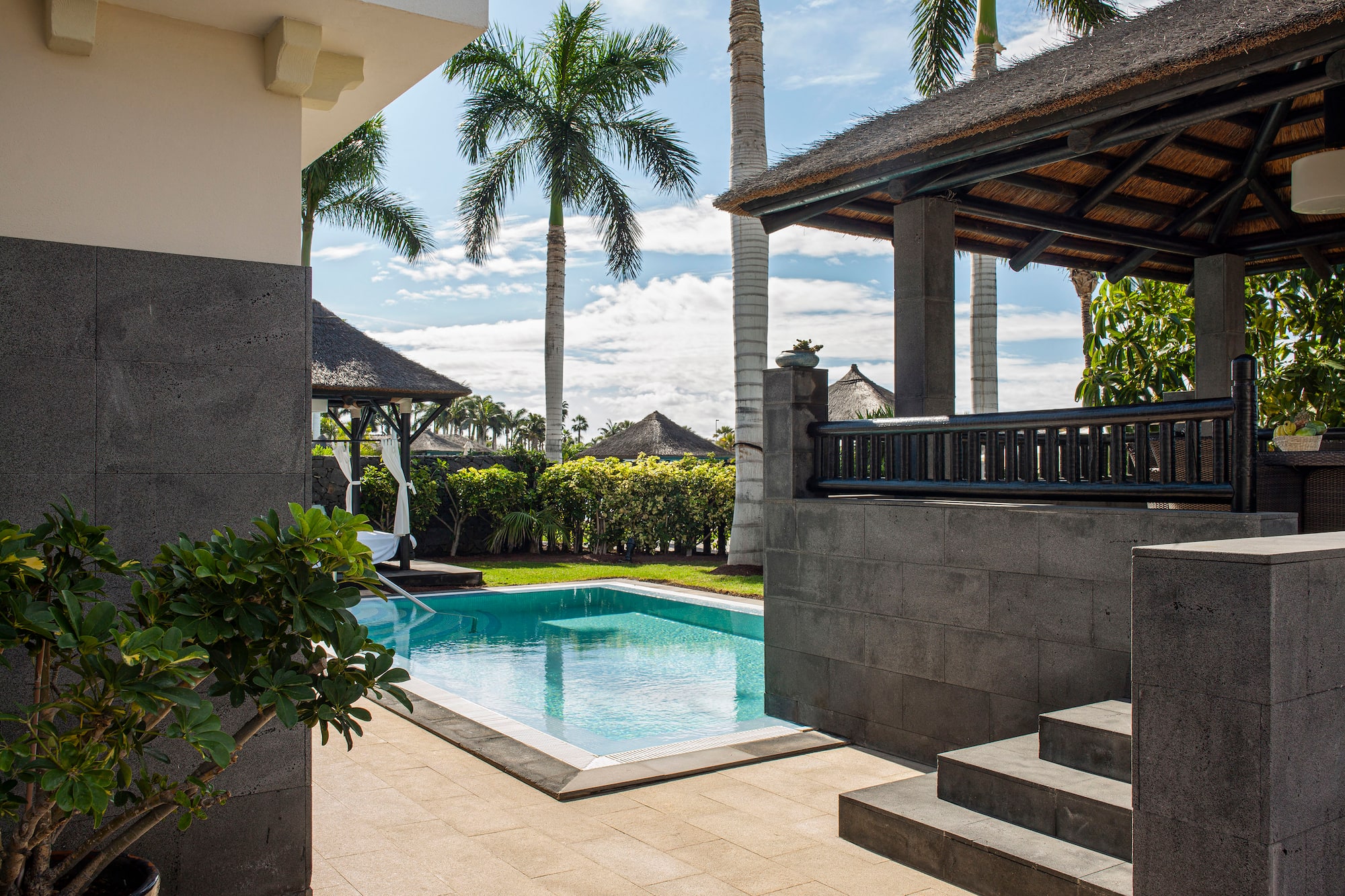 a pool and a building