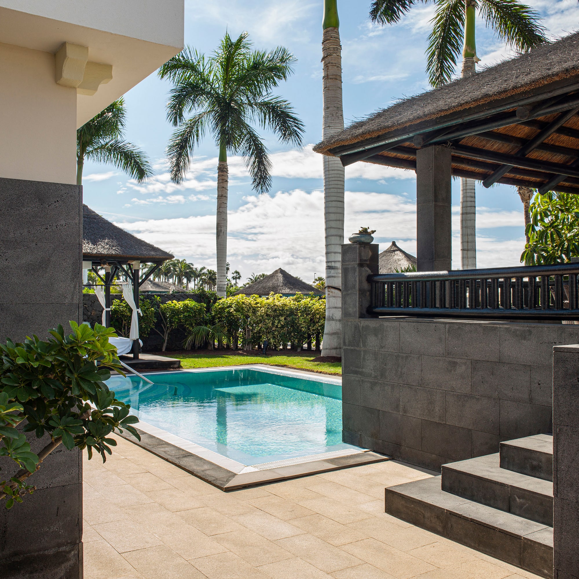 a pool and a building