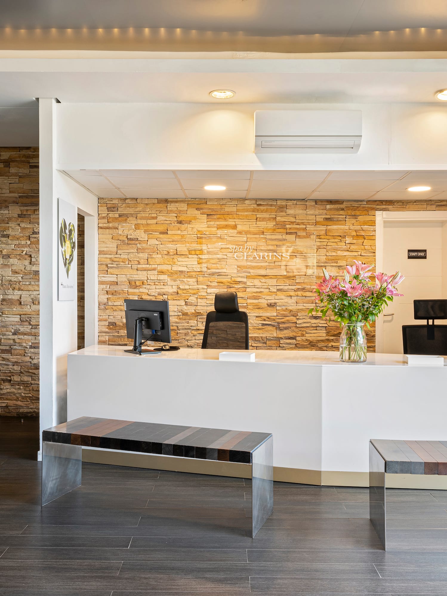 a reception desk in a building
