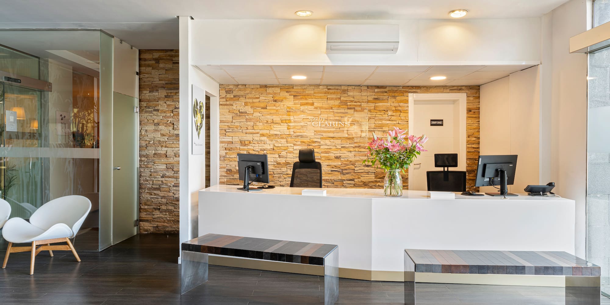 a reception desk in a building