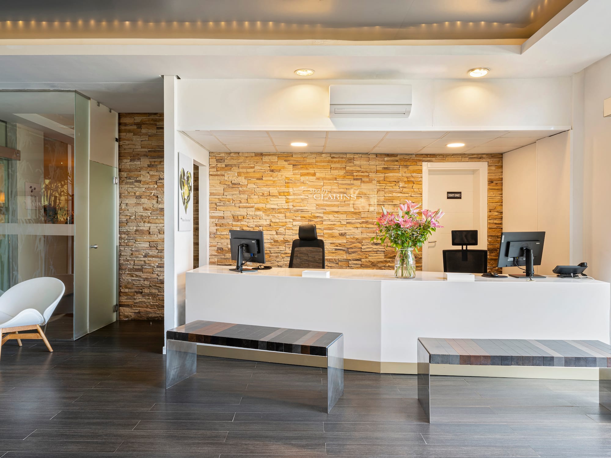 a reception desk in a building