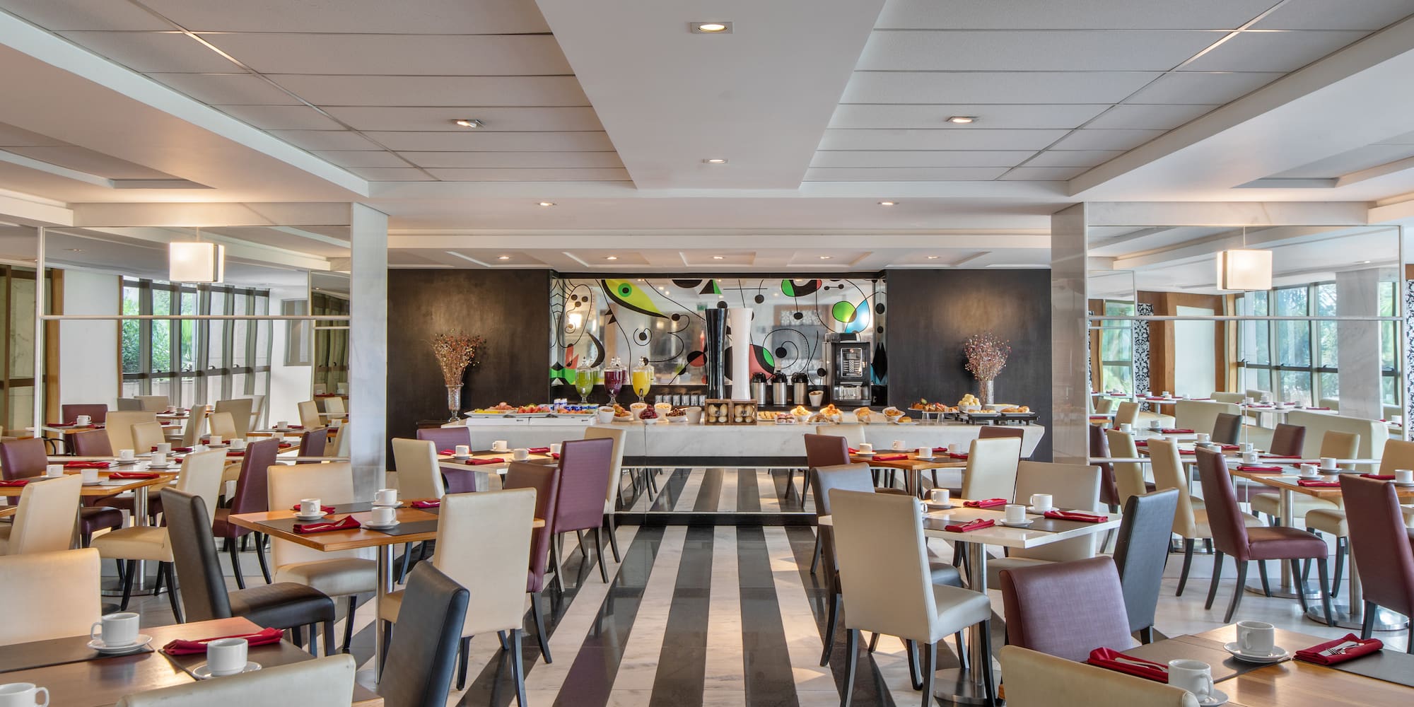 a room with tables and chairs