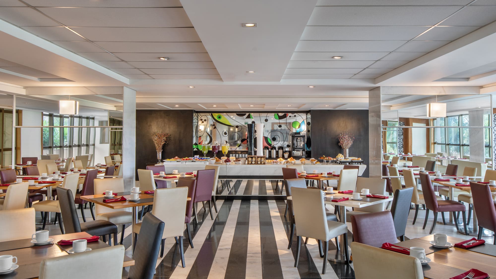 a room with tables and chairs