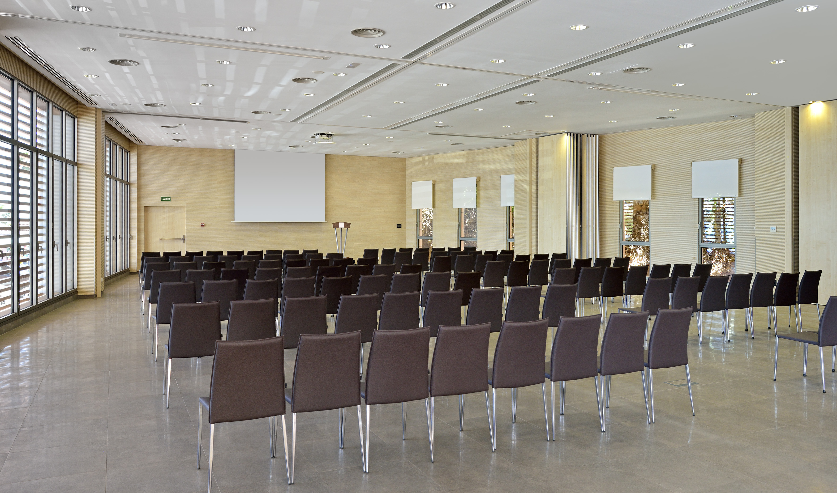Empty modern conference room with dark chairs, large screen, and windows.