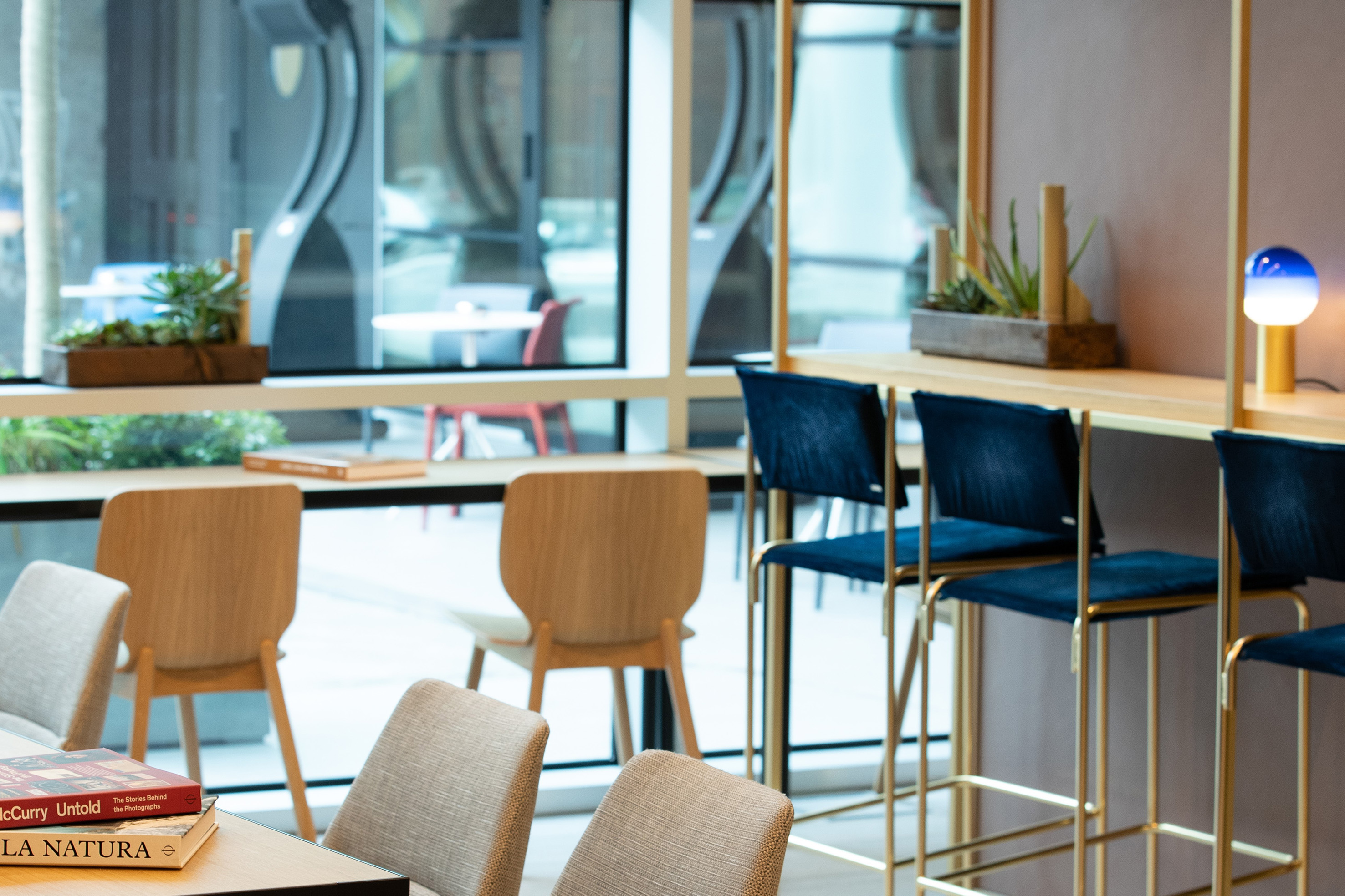 Modern lounge with varied seating, high tables, plants, and window views.