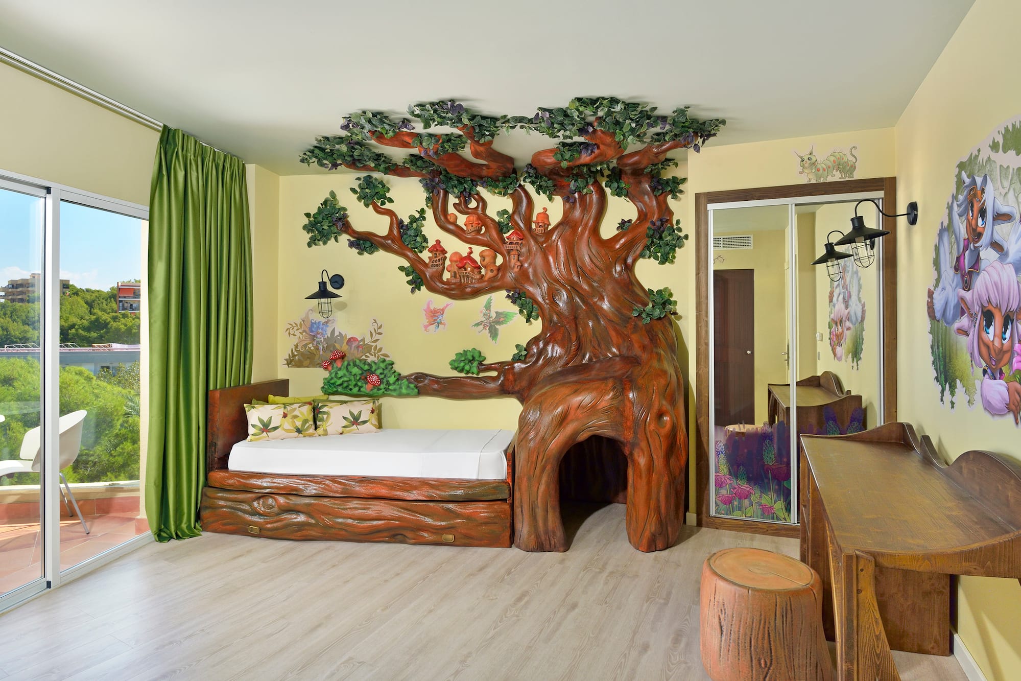 a room with a tree shaped bed