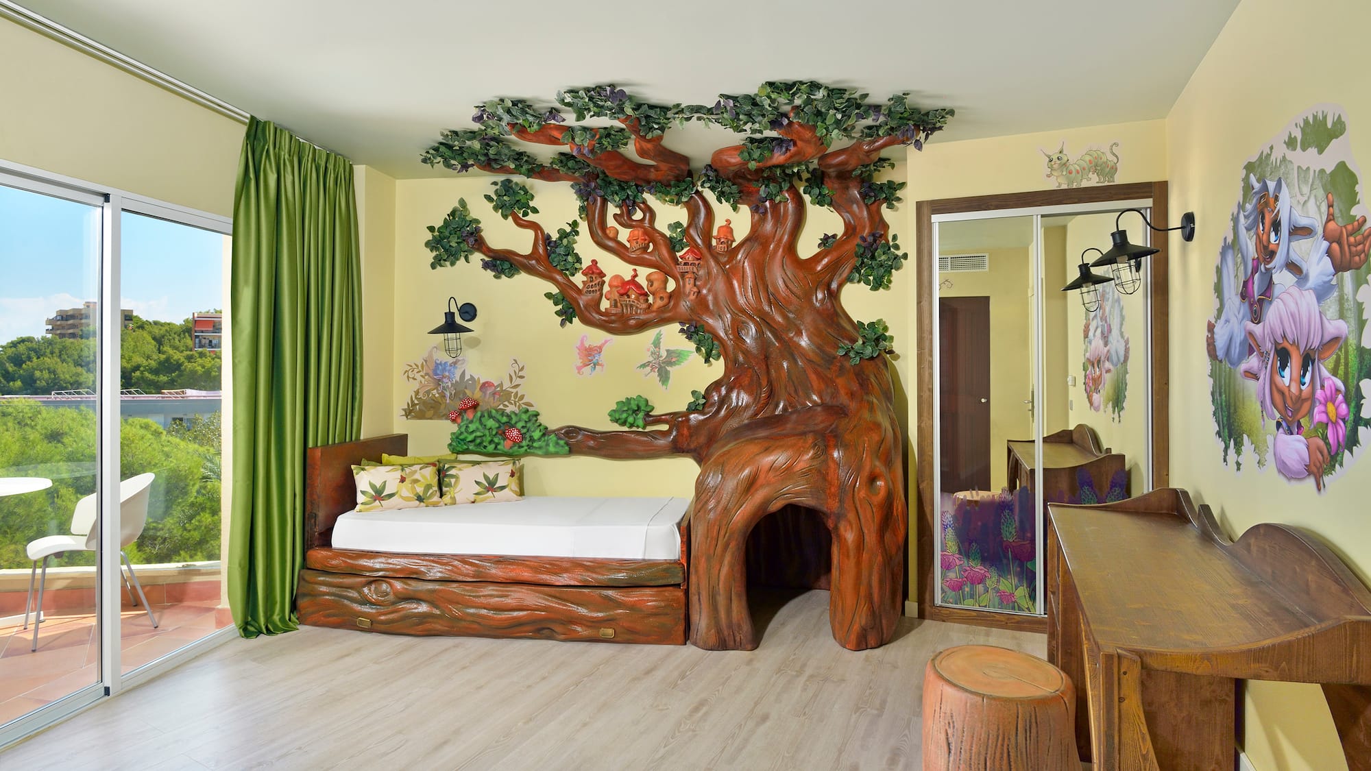 a room with a tree shaped bed