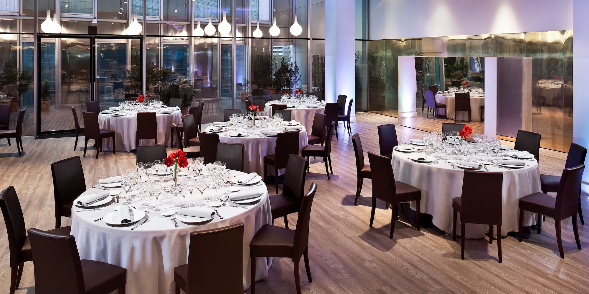 a room with tables and chairs