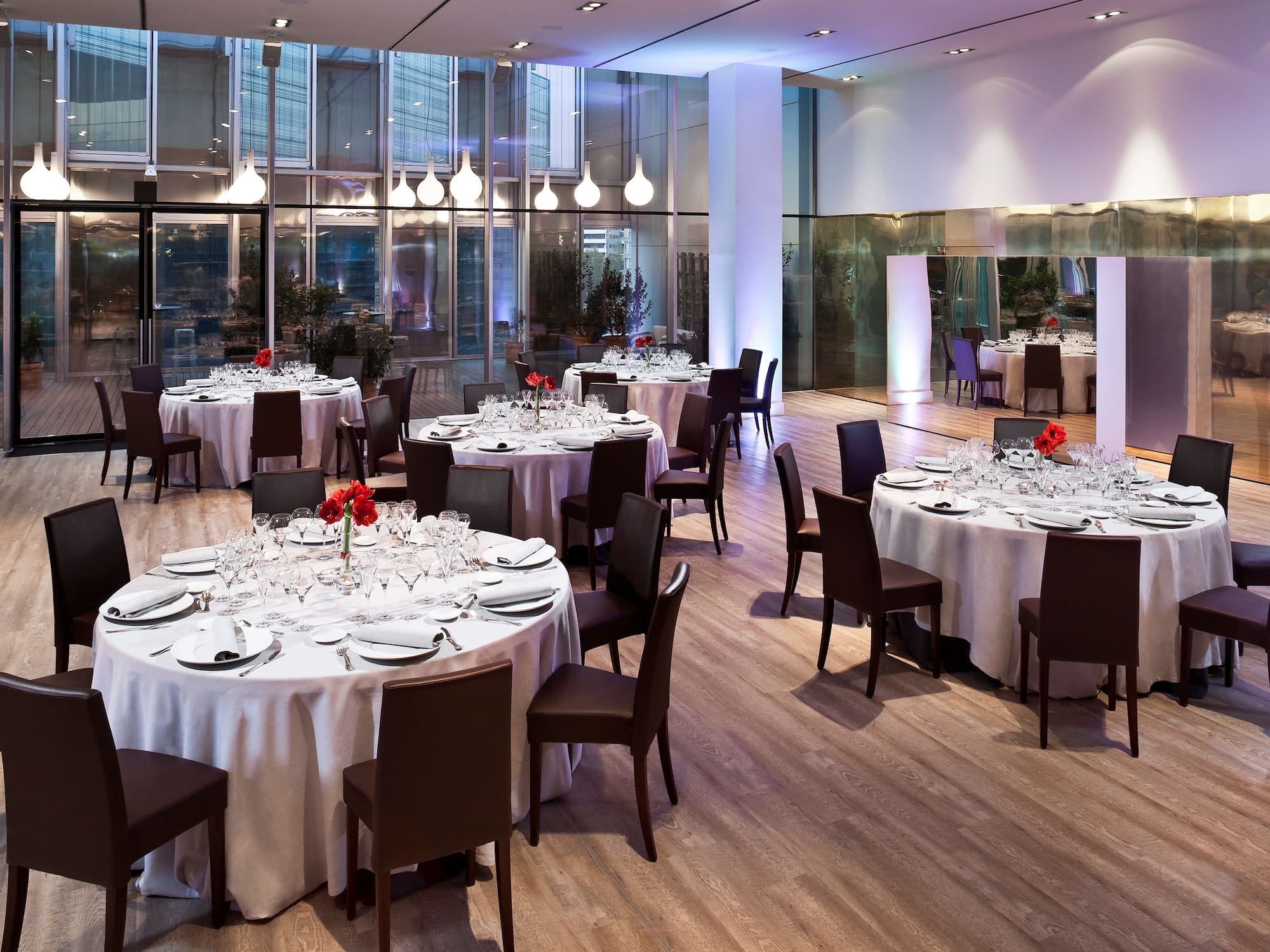 a room with tables and chairs