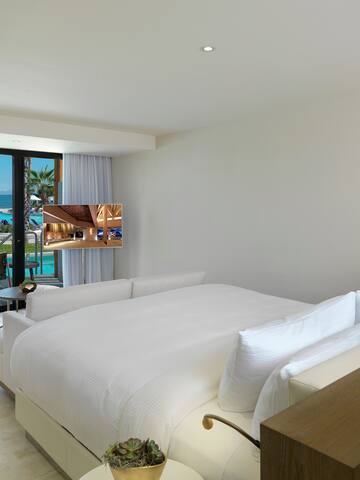 a bedroom with a bathtub and a bed