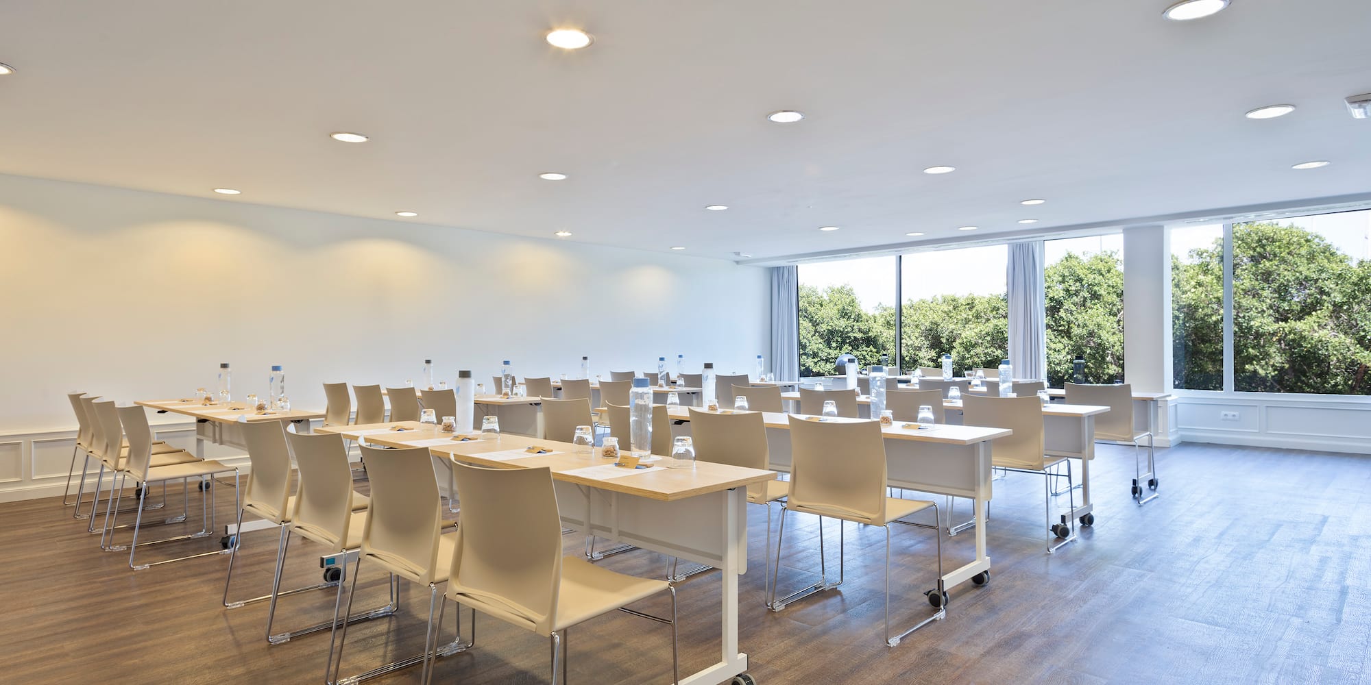 a room with tables and chairs