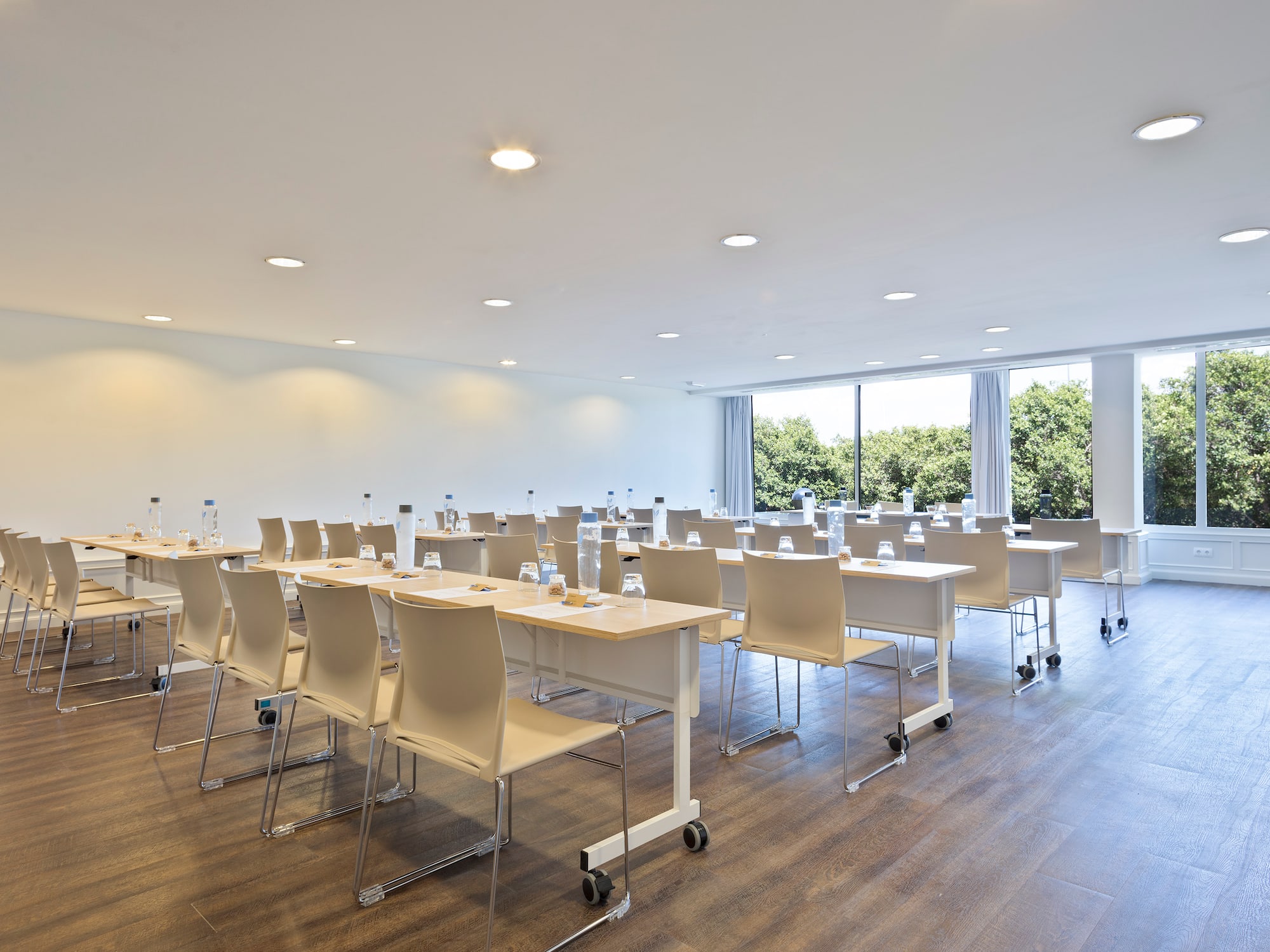 a room with tables and chairs