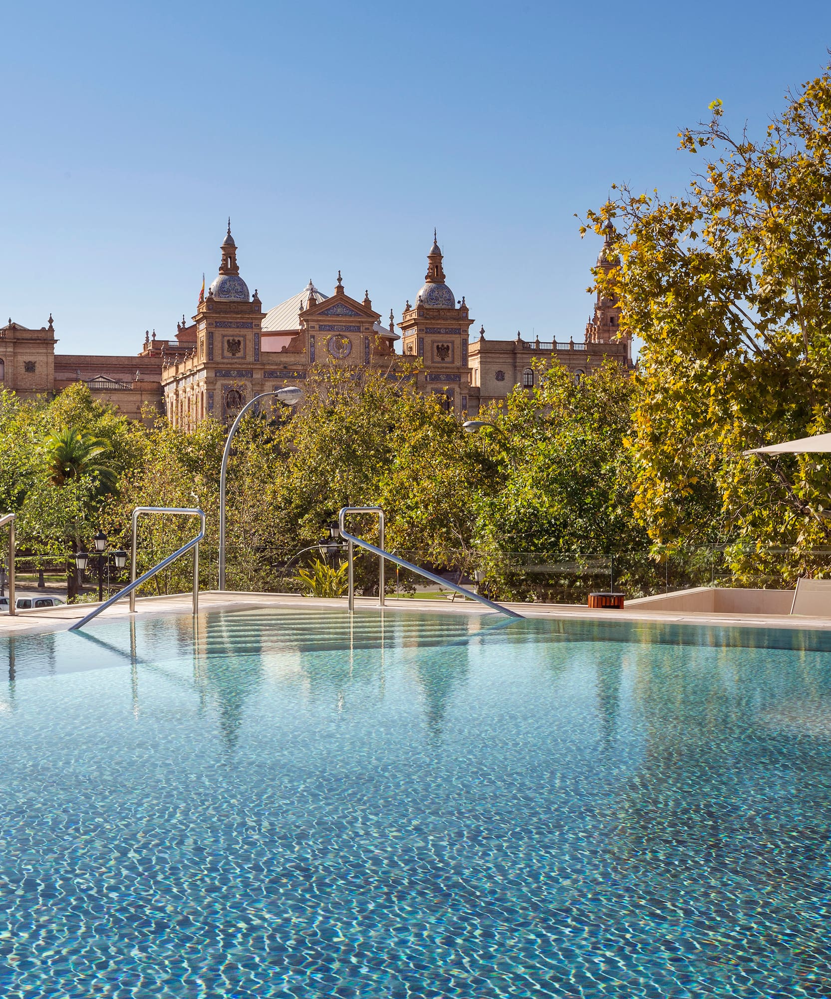 Rooftop swimming pool overlooking Plaza de España in Seville.