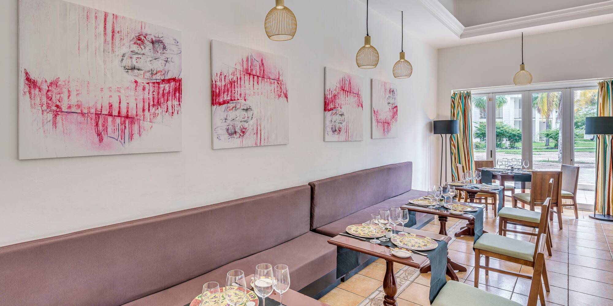 a room with tables and chairs