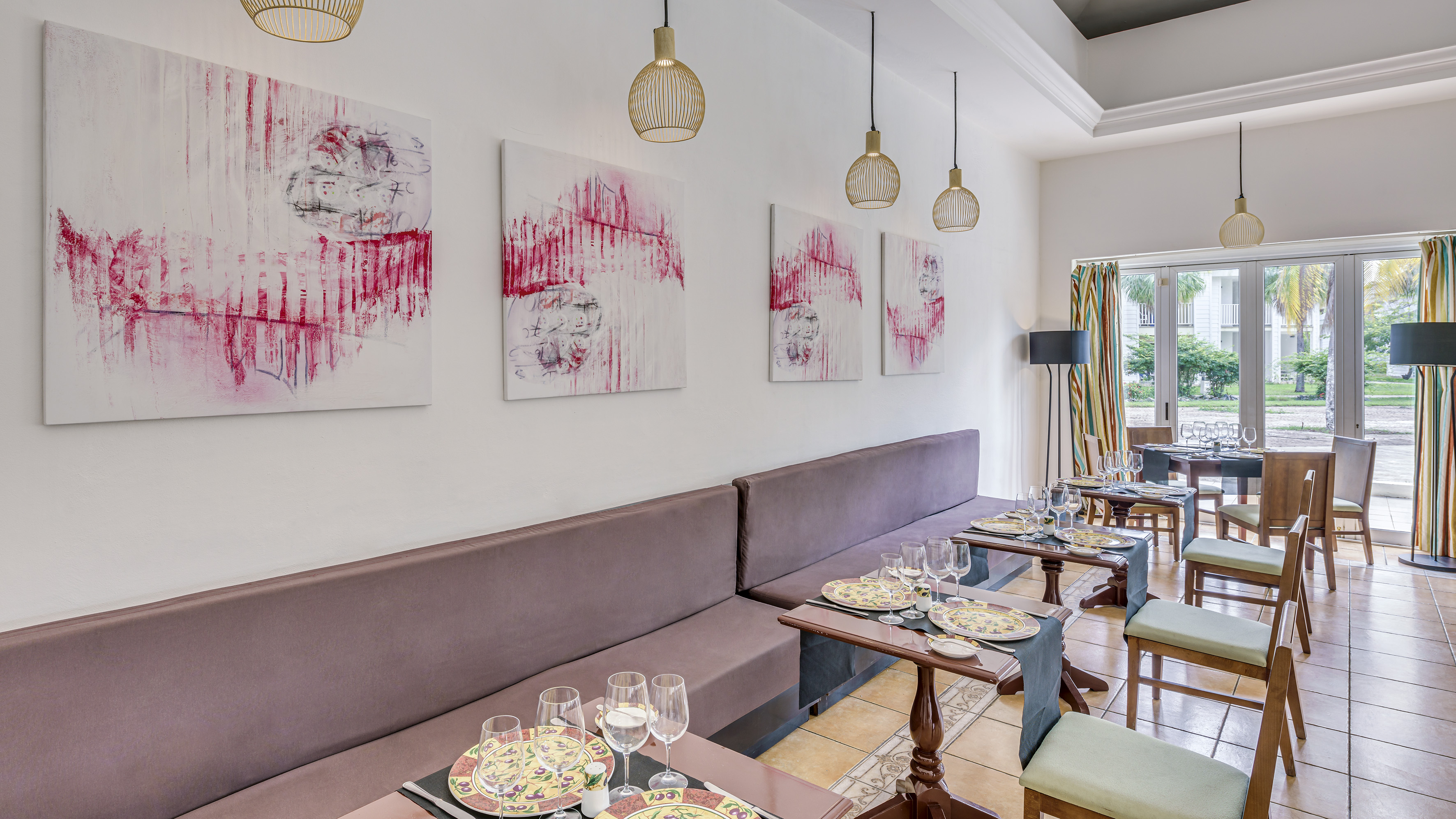 a room with tables and chairs