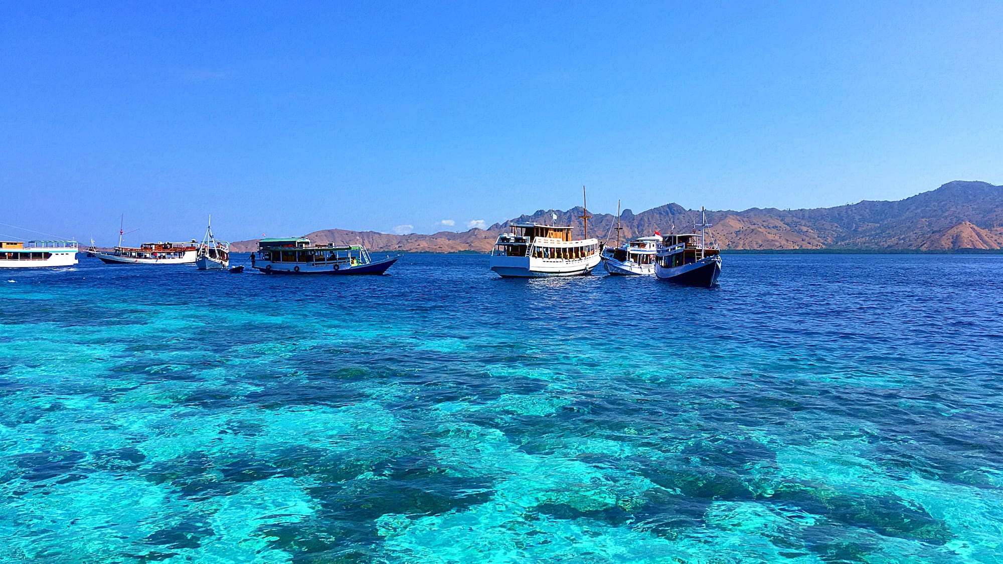 boats in the water with mountains in the background