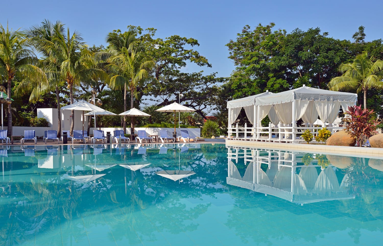 a pool with white awnings and umbrellas