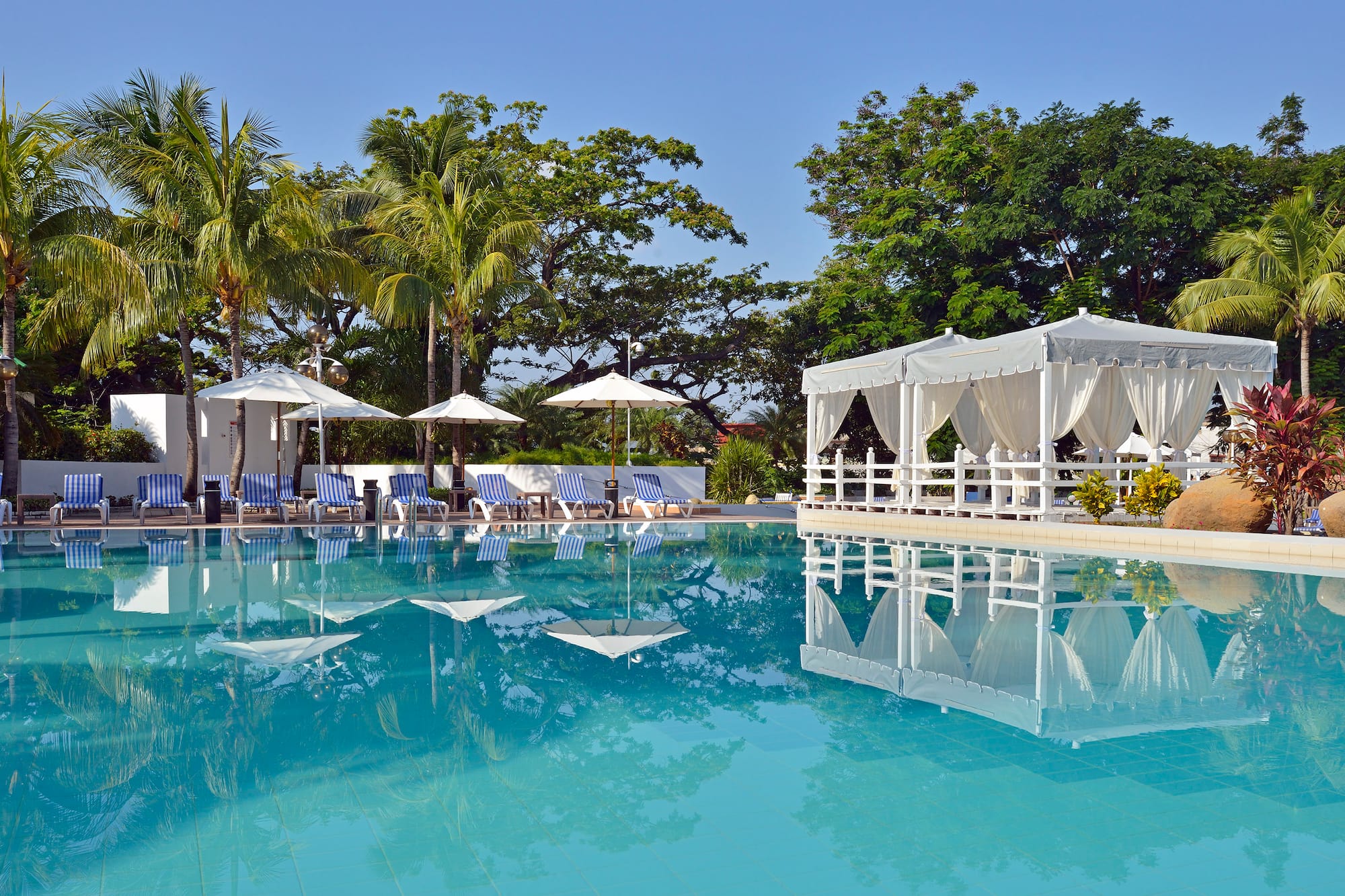 a pool with white awnings and umbrellas
