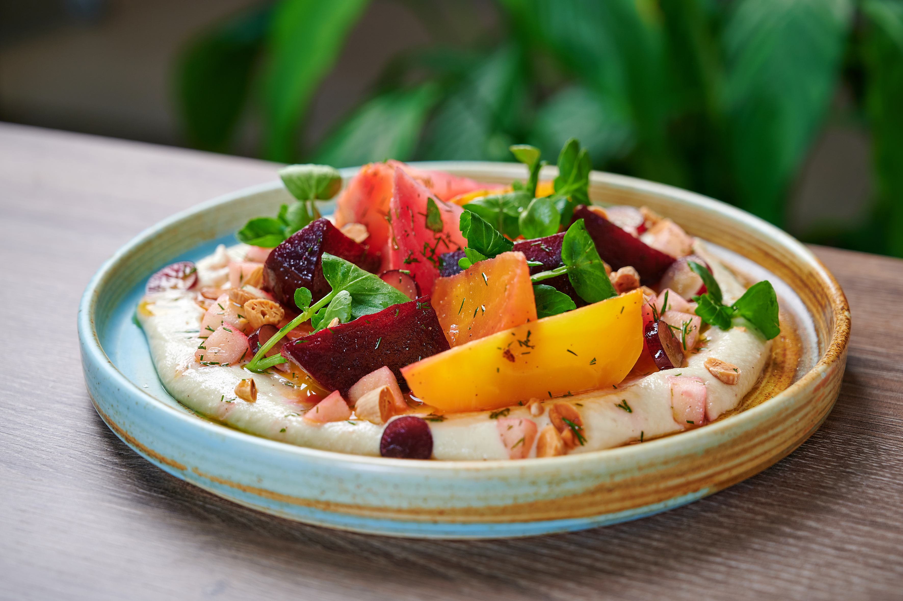 Vibrant beet salad with creamy hummus, salmon, and fresh herbs on a plate.