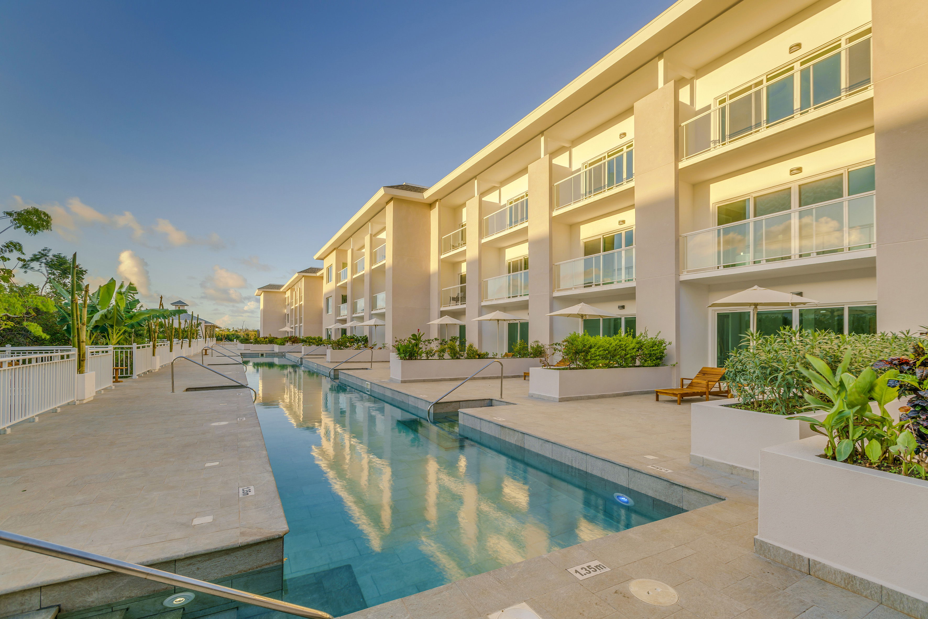 a pool in front of a building