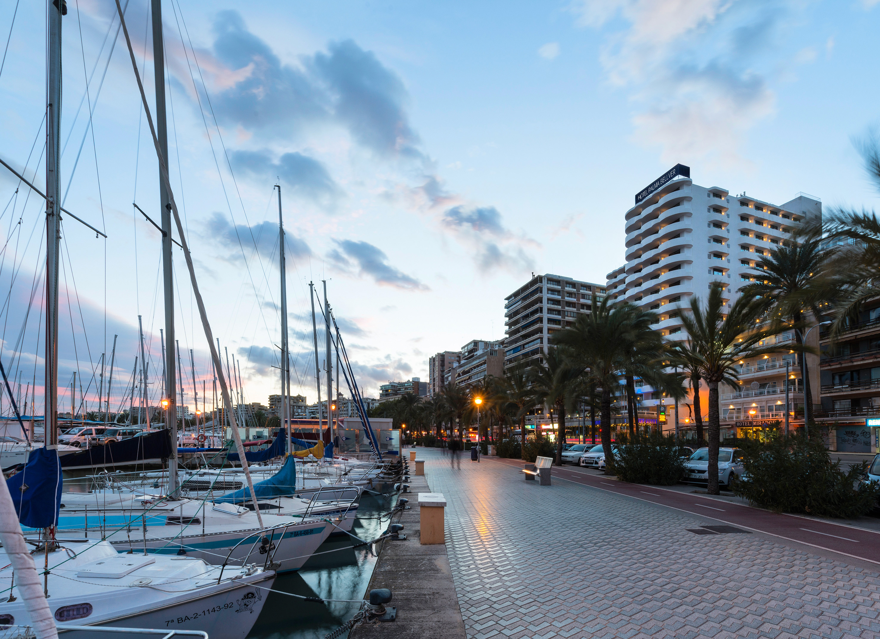 Sailboats in Palma marina at twilight, with promenade, palm trees, and hotels.