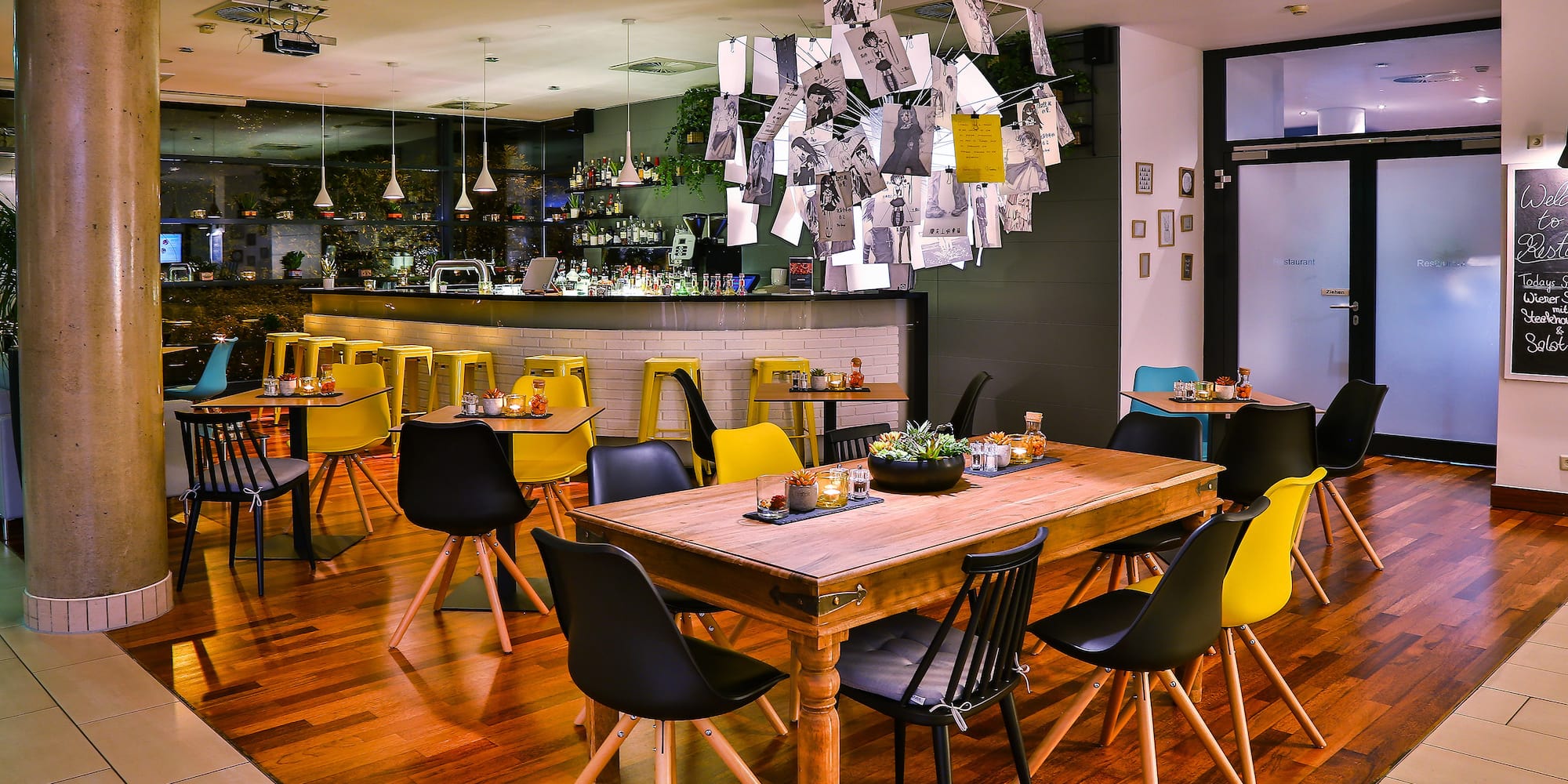 a room with a table and chairs