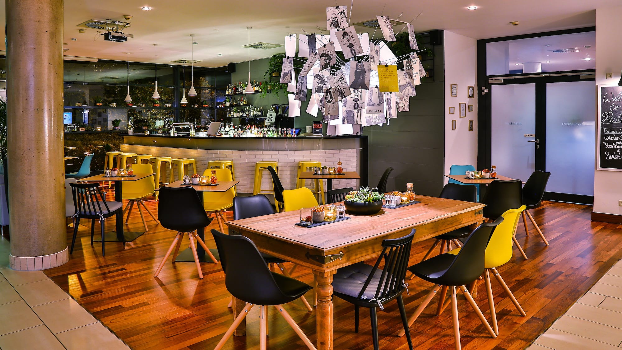 a room with a table and chairs