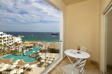 a view of a pool from a balcony