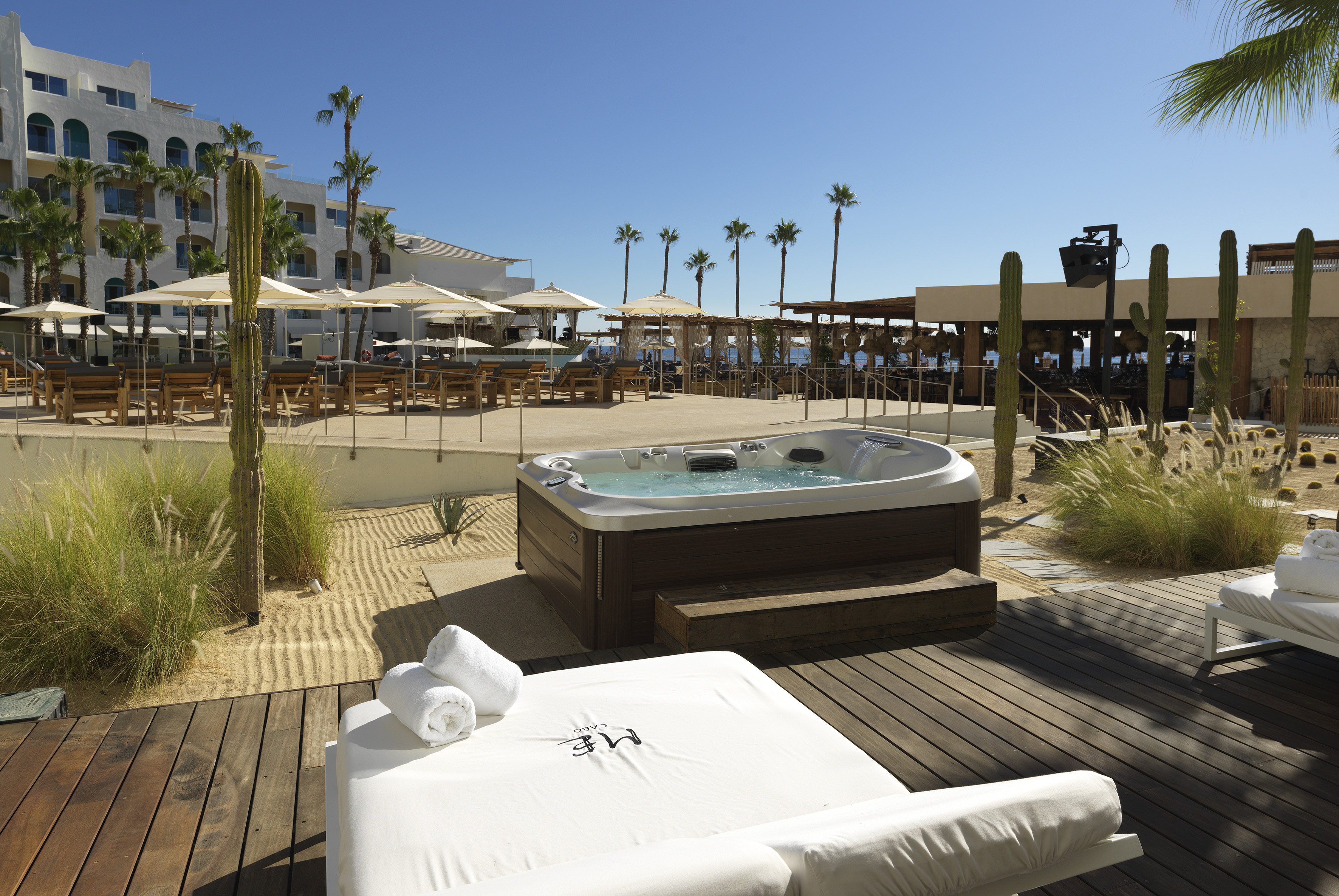 Outdoor hot tub, lounge bed, palm trees, and cactus at a sunny resort.