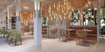 a room with tables and chairs