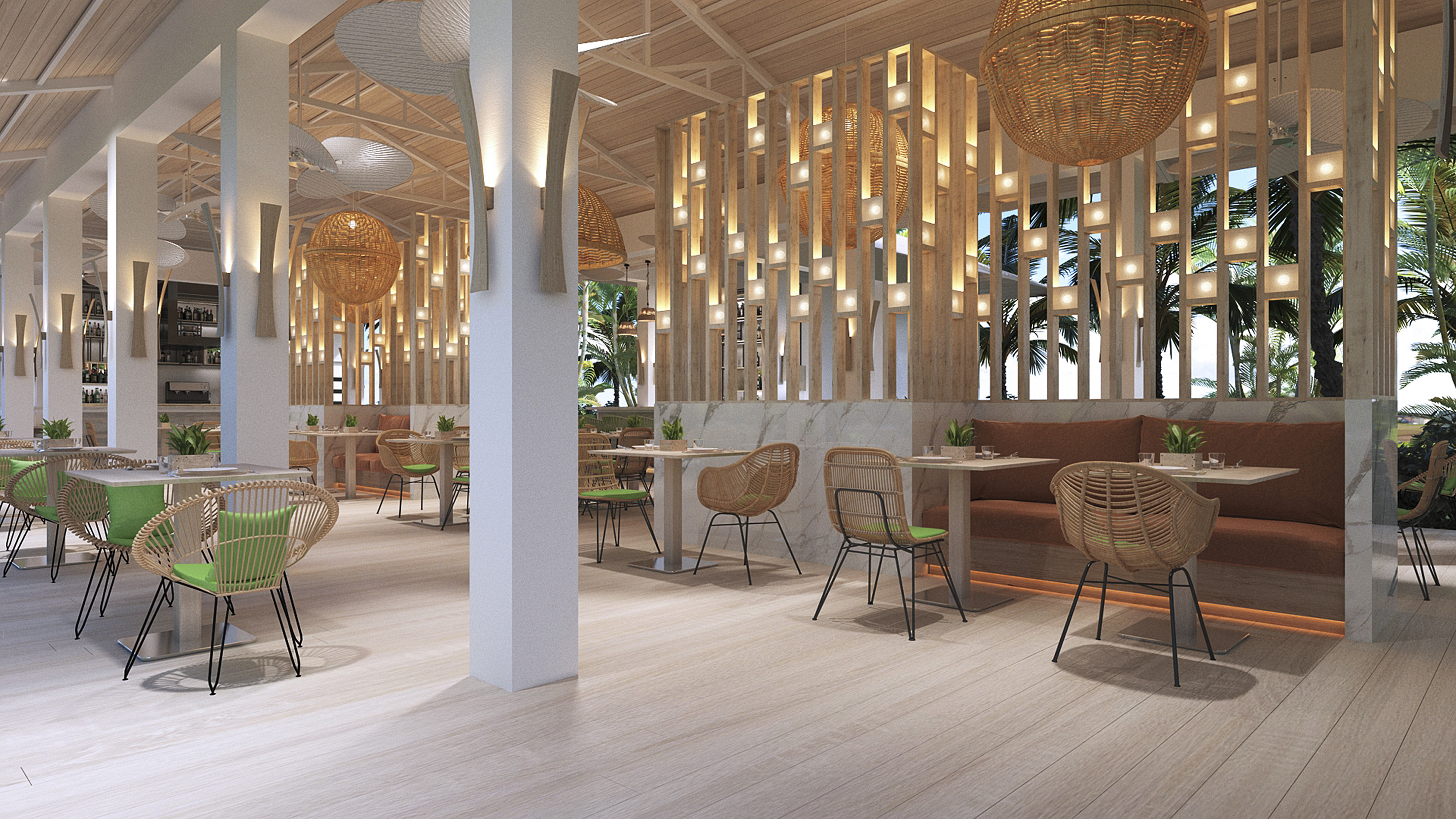 a room with tables and chairs