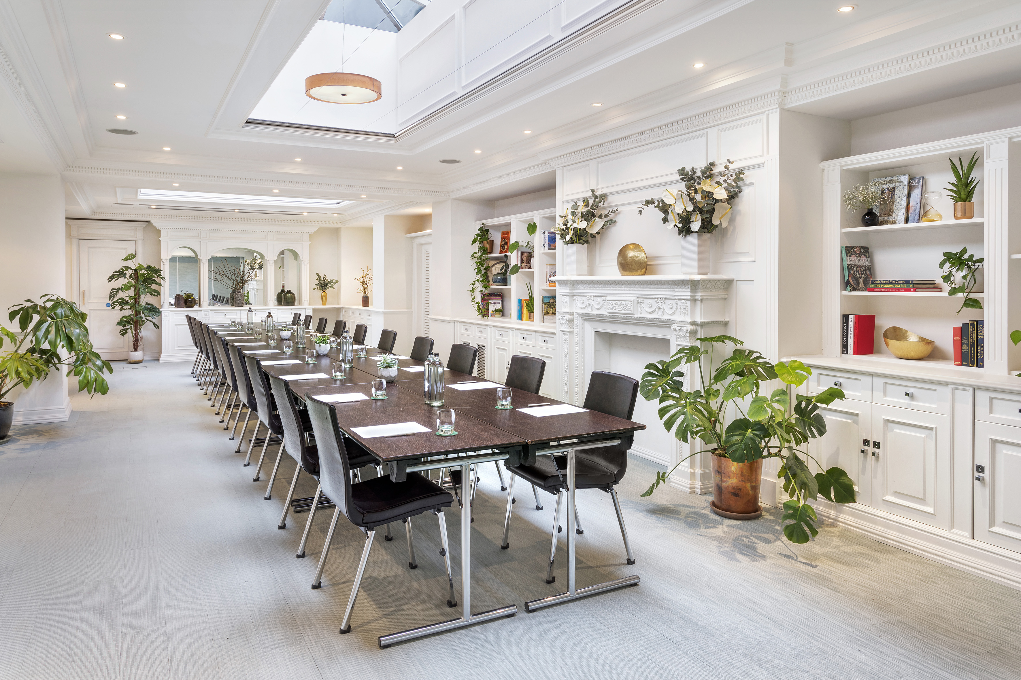 Elegant conference room with long table, white walls, potted plants, and skylight.