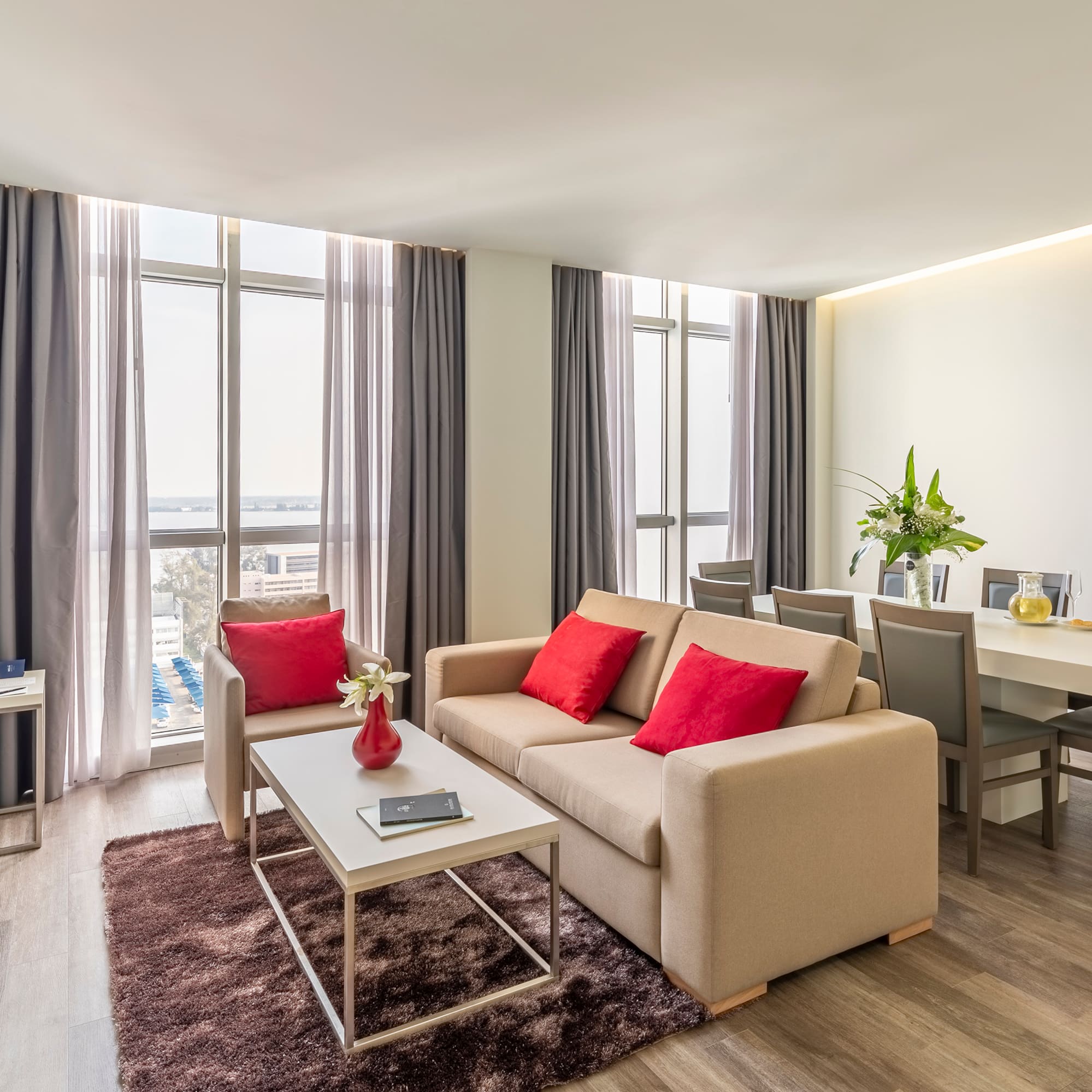 a living room with a couch and a table