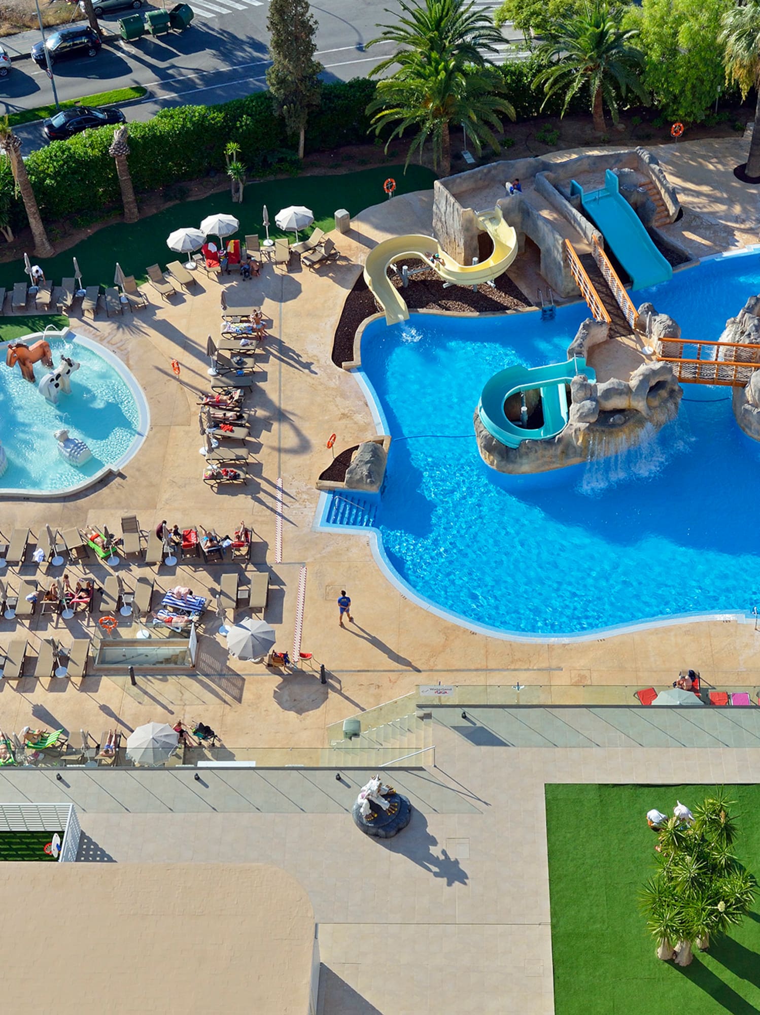 an aerial view of a pool
