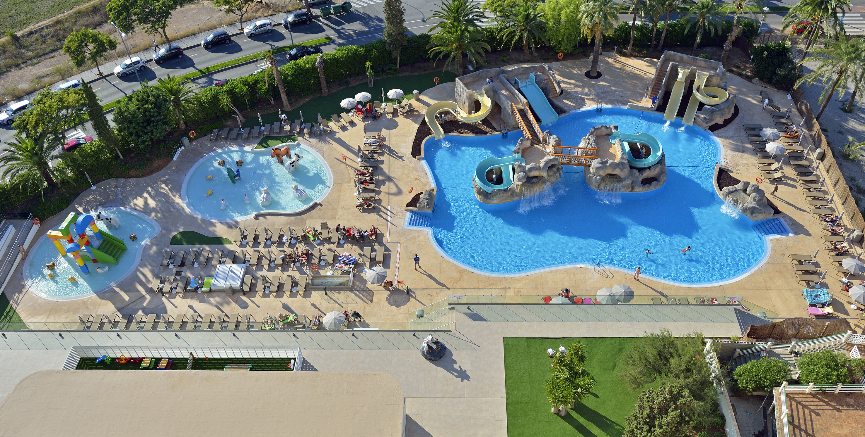 an aerial view of a pool