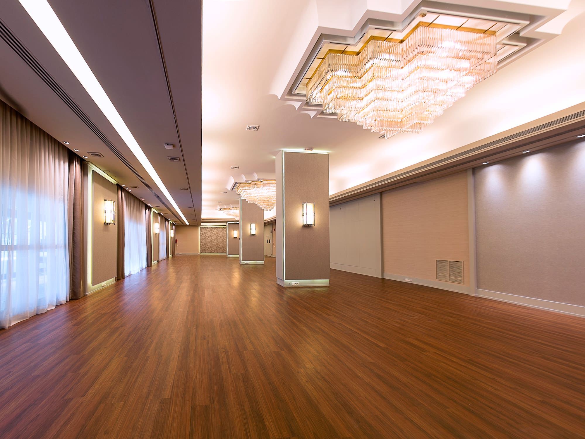 a large room with a chandelier